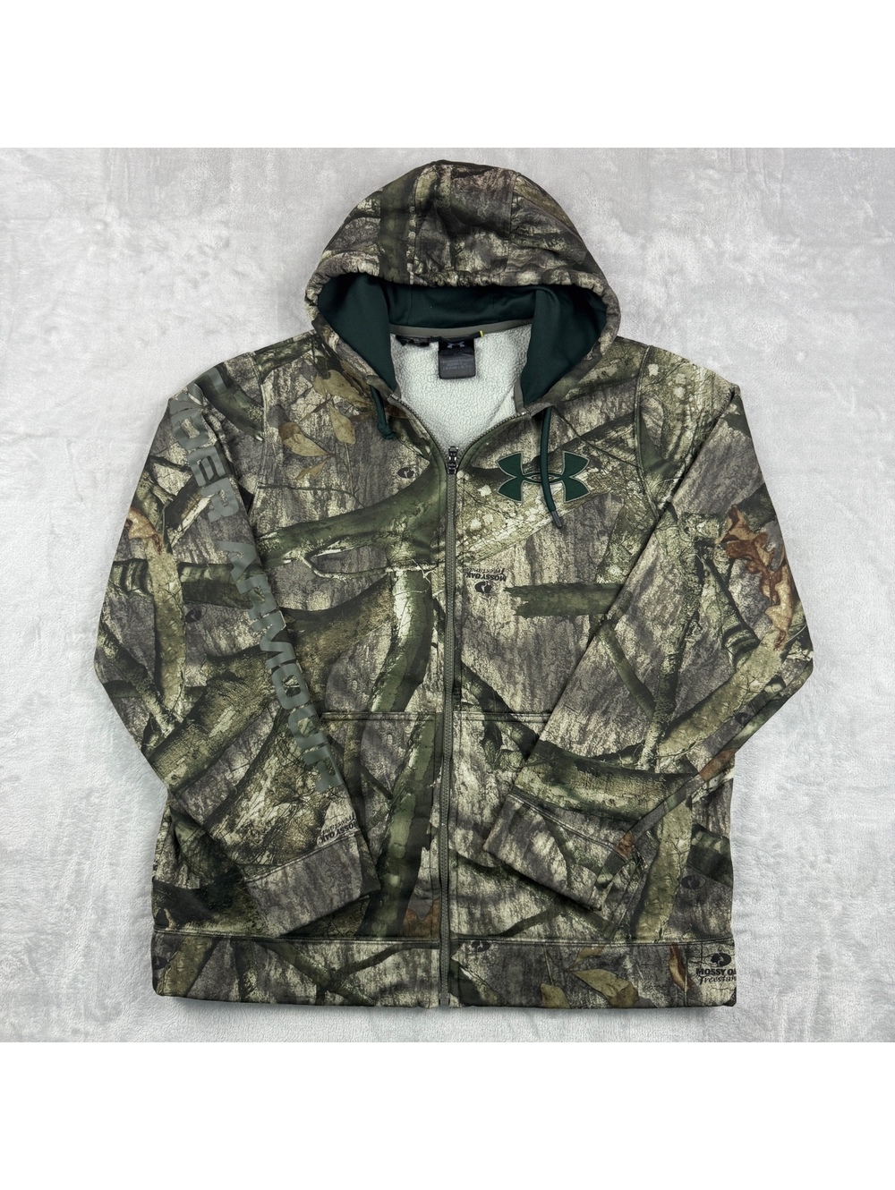Under Armour Men L Camo Full Zip Hoodie Mossy Oak Hunting ColdGear Jacket Fleece